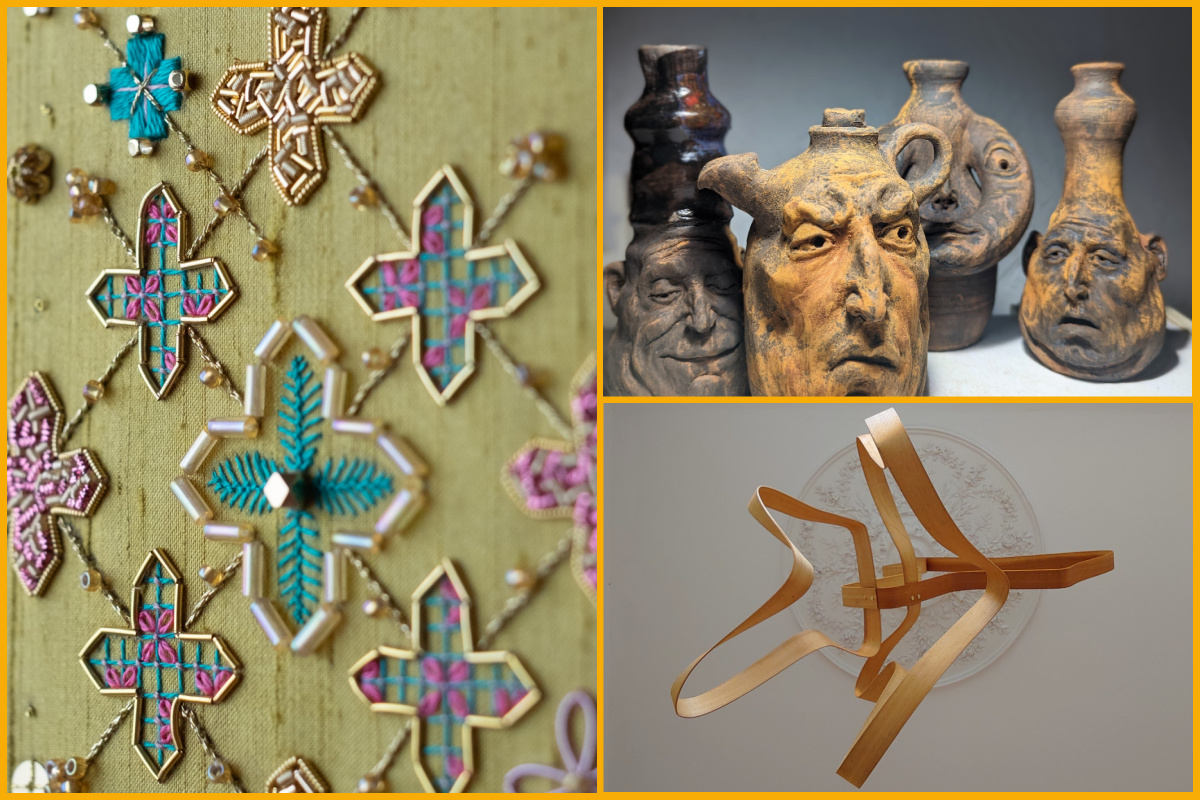 A flowery embroidery pattern, clay face sculptures, and an abstract wooden fish 